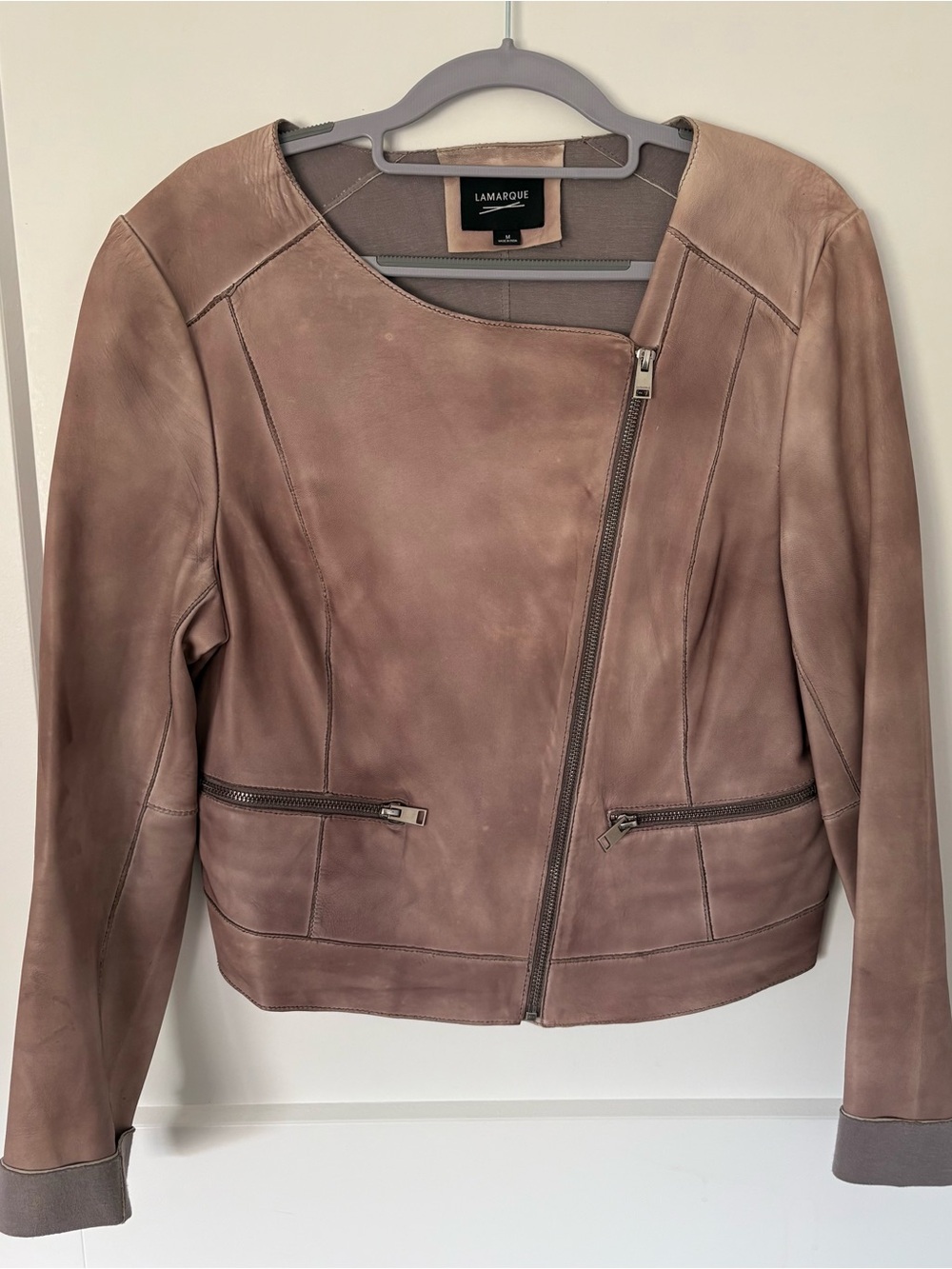 Lamarque Mauve-Taupe Asymmetrical Leather Jacket - Size Medium